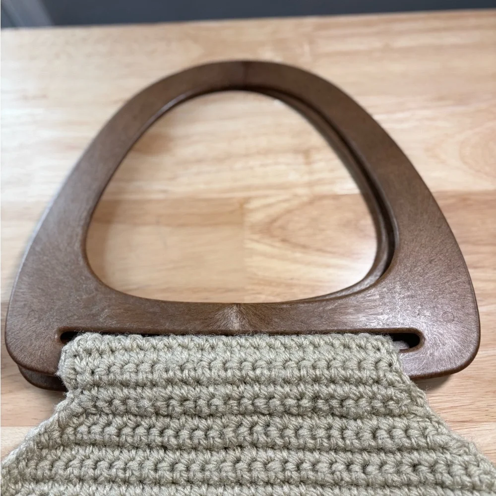 Neutral Beige Crochet Bag with Wood Handles & Balls Boho Cottagecore